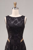A-Line Black Round Neck Sequins Long Formal Dress