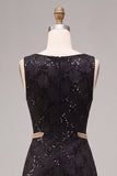 A-Line Black Round Neck Sequins Long Formal Dress