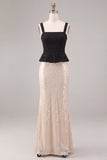 Black and White Mermaid Square Neck Sequins Long Formal Dress