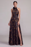 Black A-Line Halter Neck Backless Long Formal Dress with Slit