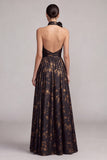 Black A-Line Halter Neck Backless Long Formal Dress with Slit