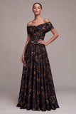 Black A-Line Off the Shoulder Floral Ruched Long Formal Dress