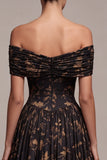 Black A-Line Off the Shoulder Floral Ruched Long Formal Dress