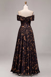 Black A-Line Off the Shoulder Floral Ruched Long Formal Dress