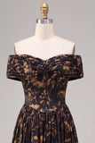 Black A-Line Off the Shoulder Floral Ruched Long Formal Dress