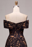 Black A-Line Off the Shoulder Floral Ruched Long Formal Dress