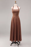 Satin Coffee Halter Neck Backless A-Line Long Formal Dress