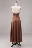 Satin Coffee Halter Neck Backless A-Line Long Formal Dress
