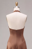 Satin Coffee Halter Neck Backless A-Line Long Formal Dress