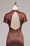 Satin Coffee High Neck Mermaid Long Formal Dress with Short Sleeves
