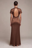 Satin Coffee High Neck Mermaid Long Formal Dress with Short Sleeves