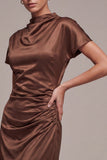 Satin Coffee High Neck Mermaid Long Formal Dress with Short Sleeves