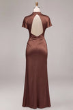 Satin Coffee High Neck Mermaid Long Formal Dress with Short Sleeves