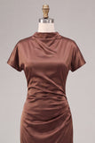 Satin Coffee High Neck Mermaid Long Formal Dress with Short Sleeves