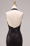 Black Mermaid Halter Neck Sequins Long Formal Dress