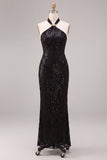 Black Mermaid Halter Neck Sequins Long Formal Dress