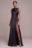 Olive Mermaid Bateau Neck Satin Long Formal Dress with Slit