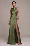 Olive Mermaid Bateau Neck Satin Long Formal Dress with Slit