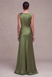 Olive Mermaid Bateau Neck Satin Long Formal Dress with Slit