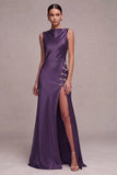 Olive Mermaid Bateau Neck Satin Long Formal Dress with Slit
