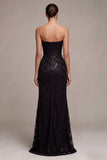 Strapless Sequins Black Mermaid Ruched Long Formal Dress with Slit
