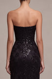 Strapless Sequins Black Mermaid Ruched Long Formal Dress with Slit