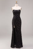 Strapless Sequins Black Mermaid Ruched Long Formal Dress with Slit