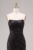 Strapless Sequins Black Mermaid Ruched Long Formal Dress with Slit
