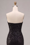Strapless Sequins Black Mermaid Ruched Long Formal Dress with Slit