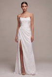 Strapless Sequins Black Mermaid Ruched Long Formal Dress with Slit