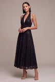 Black Halter Neck Sequins A-Line Backless Midi Formal Dress