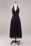 Black Halter Neck Sequins A-Line Backless Midi Formal Dress
