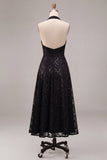 Black Halter Neck Sequins A-Line Backless Midi Formal Dress