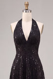 Black Halter Neck Sequins A-Line Backless Midi Formal Dress