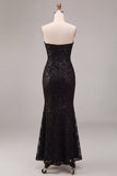 Strapless Black Mermaid Sequins Ruched Maxi Formal Dress