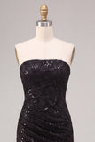 Strapless Black Mermaid Sequins Ruched Maxi Formal Dress