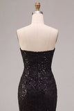 Strapless Black Mermaid Sequins Ruched Maxi Formal Dress