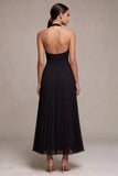 Chiffon Black A-Line Halter Neck Pleated Maxi Formal Dress