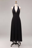 Chiffon Black A-Line Halter Neck Pleated Maxi Formal Dress