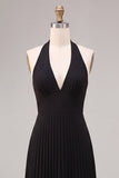 Chiffon Black A-Line Halter Neck Pleated Maxi Formal Dress