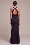Mermaid Black Sequins Halter Neck Lace Maxi Formal Dress