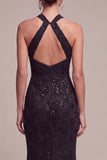 Mermaid Black Sequins Halter Neck Lace Maxi Formal Dress
