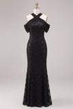 Mermaid Black Sequins Halter Neck Lace Maxi Formal Dress