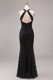 Mermaid Black Sequins Halter Neck Lace Maxi Formal Dress