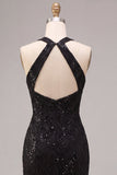 Mermaid Black Sequins Halter Neck Lace Maxi Formal Dress