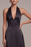 Black A-Line Satin Halter Neck Long Formal Dress