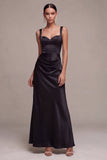 Black Mermaid Satin Ruched Thick Straps Long Formal Dress