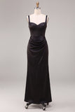 Black Mermaid Satin Ruched Thick Straps Long Formal Dress
