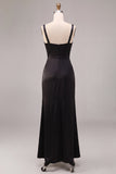 Black Mermaid Satin Ruched Thick Straps Long Formal Dress