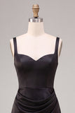 Black Mermaid Satin Ruched Thick Straps Long Formal Dress